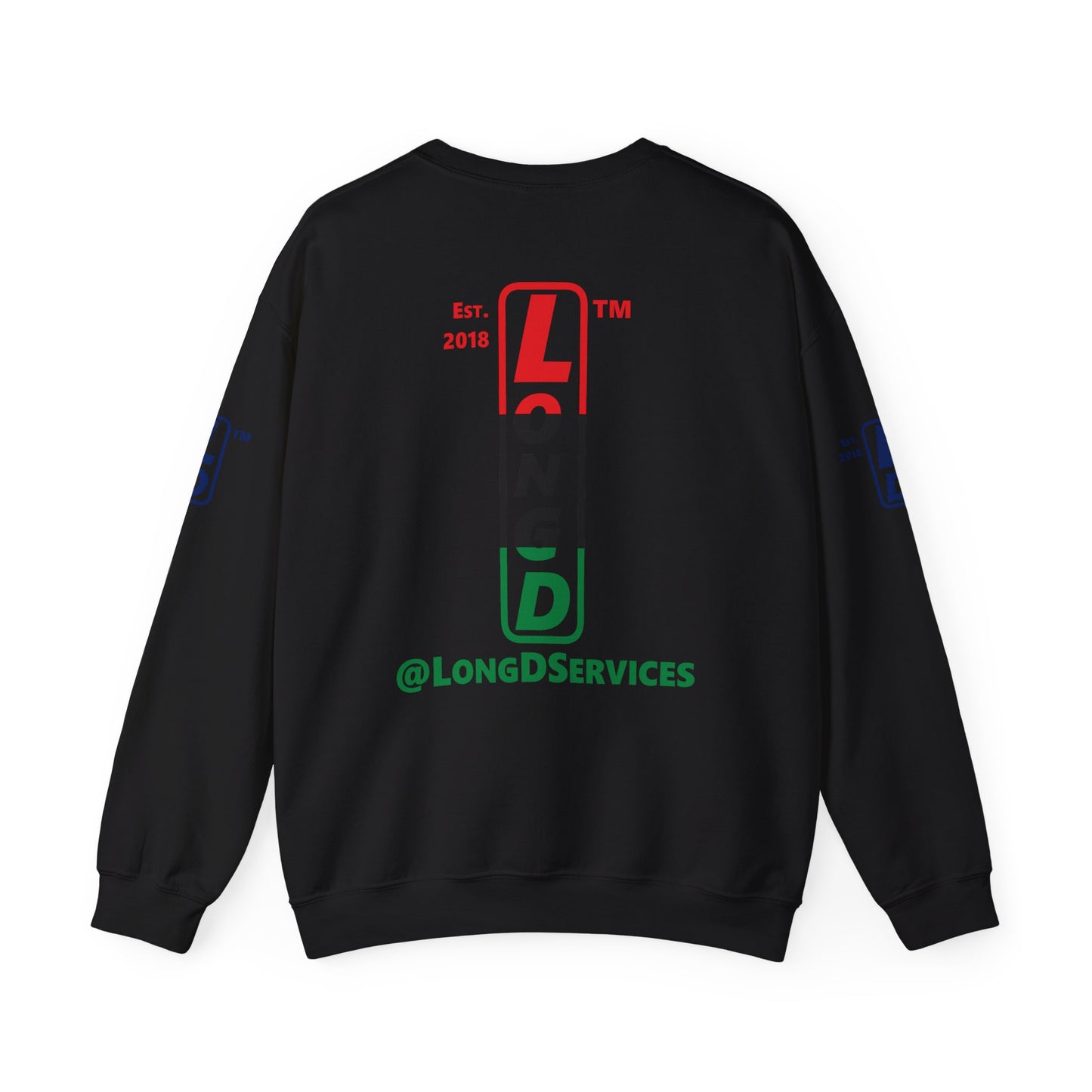 I Fist LongD positive horizontal 3-striped tag upright 4-print logo crewneck sweatshirt