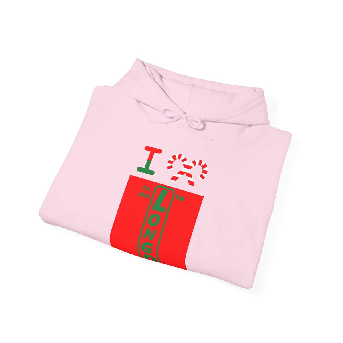 I candy cane LongD Hyde Park upright logo positive green on negative red hoodie