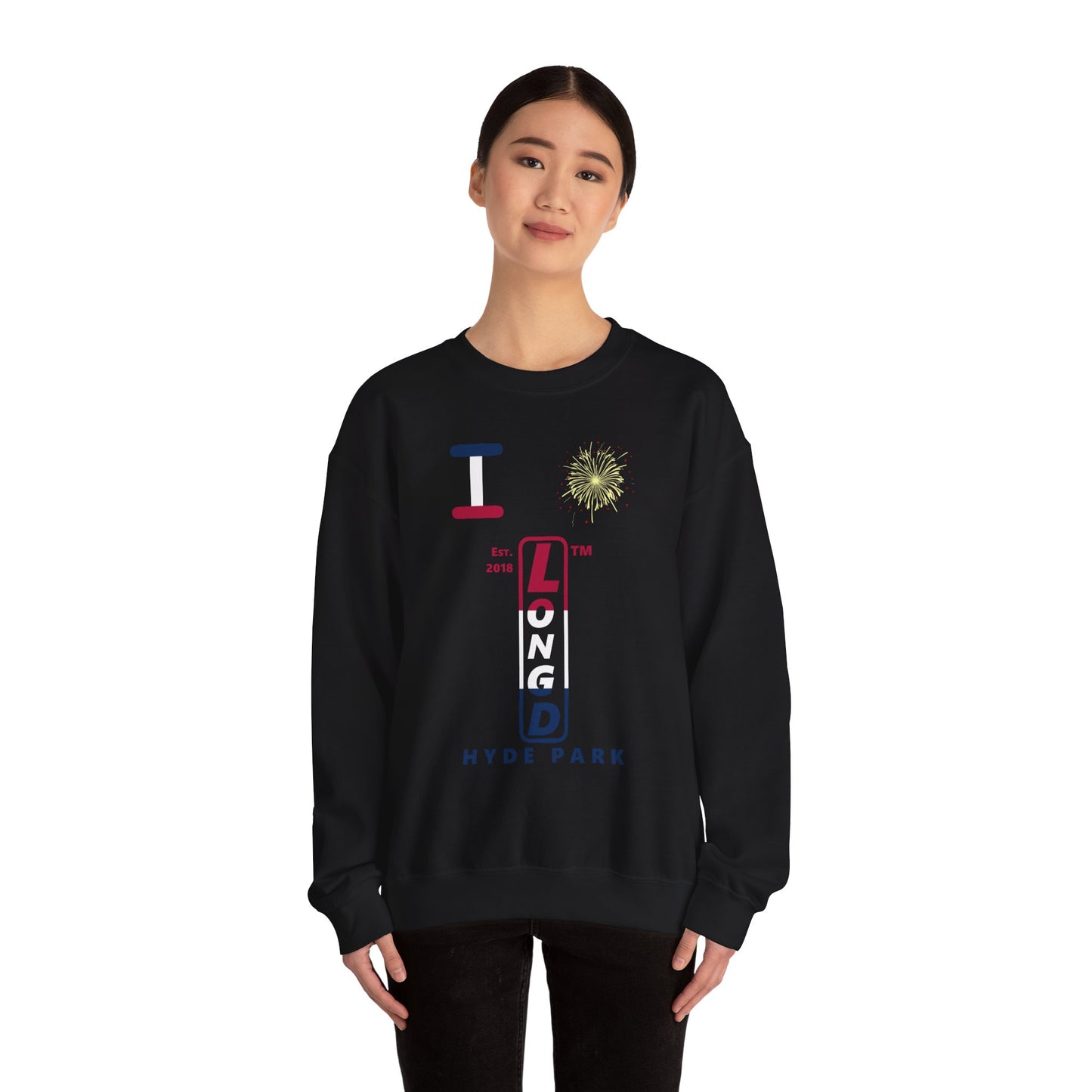 I Burst LongD positive horizontal 3-striped Hyde Park upright logo crewneck sweatshirt