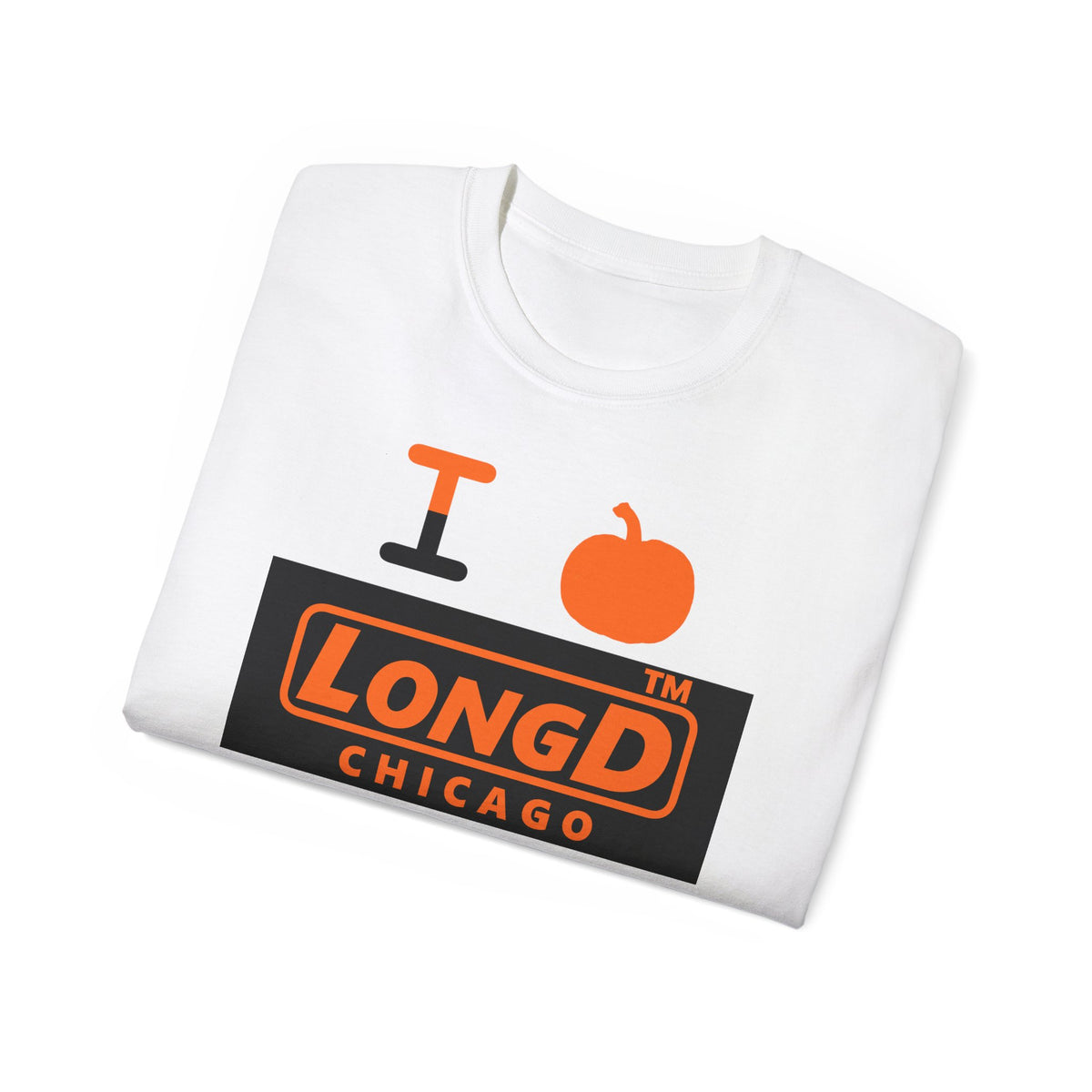 I pumpkin LongD Chicago logo positive orange on negative black cotton tee