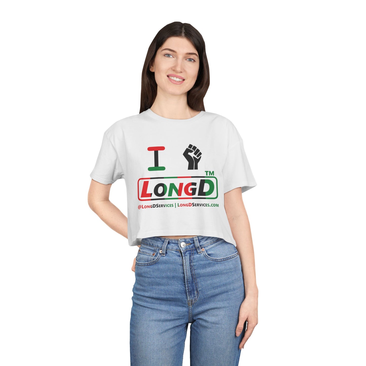 I fist LongD positive vertical 6-striped tag-domain logo crop tee