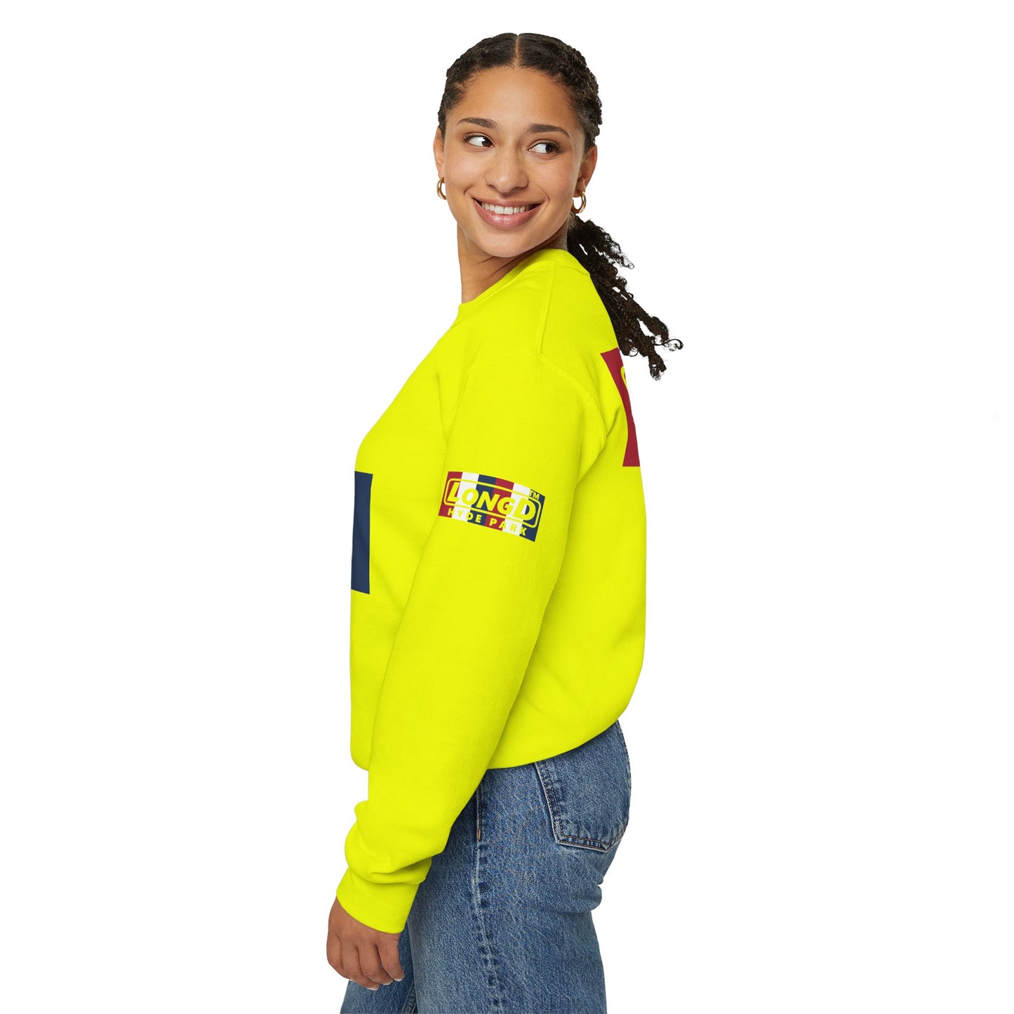 I firecracker LongD positive vertical 6-striped 4-print tag-domain logo crewneck sweatshirt