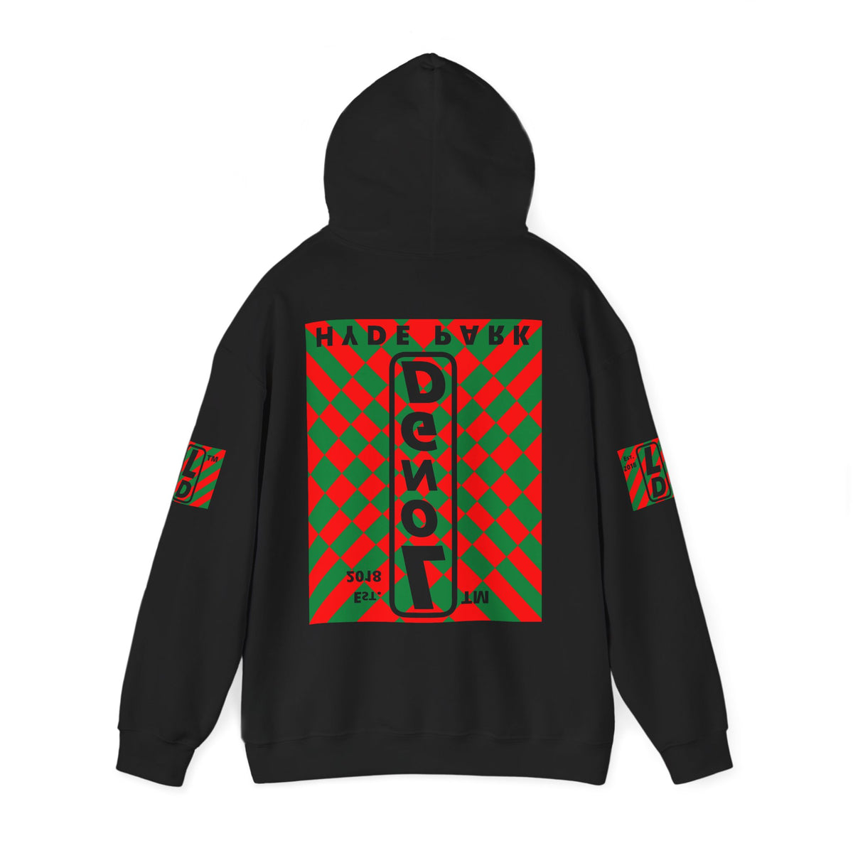 LongD Hyde Park negative upright stylized argyle 4-print logo (Xmas colors) hoodie