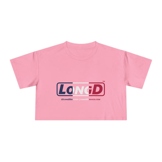 LongD Logo Women's Crop Tee Blue, White & Red positive thirds