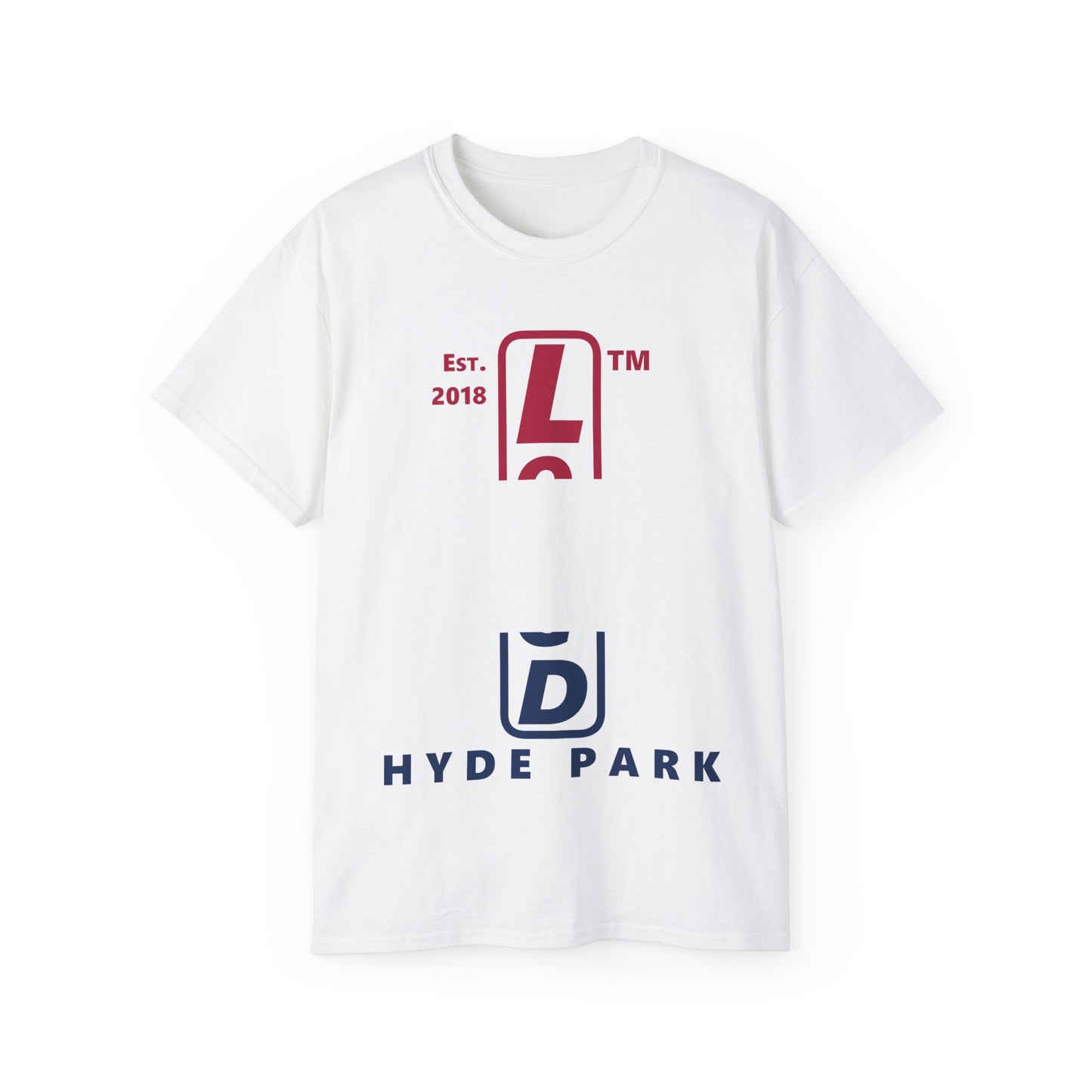 LongD cotton tee positive horizontal 3-striped Hyde Park upright logo (Patriotic colors)