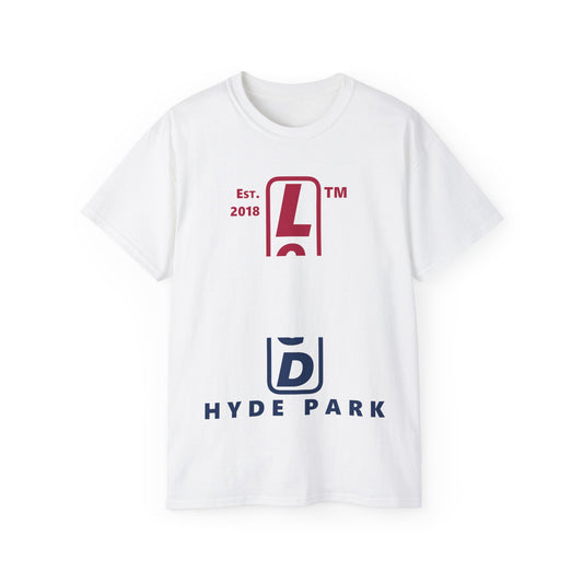 LongD cotton tee positive horizontal 3-striped Hyde Park upright logo (Patriotic colors)