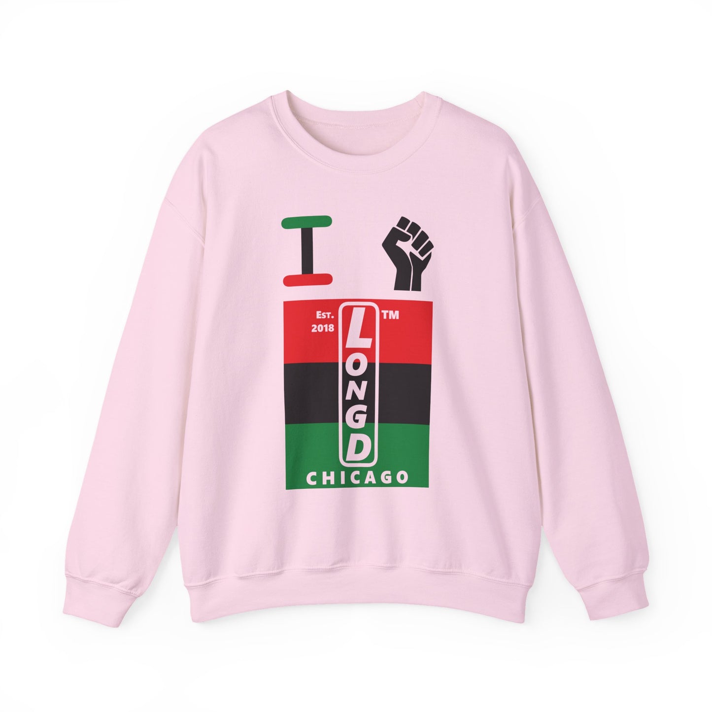 I Fist LongD negative horizontal 3-striped Chicago upright logo crewneck sweatshirt