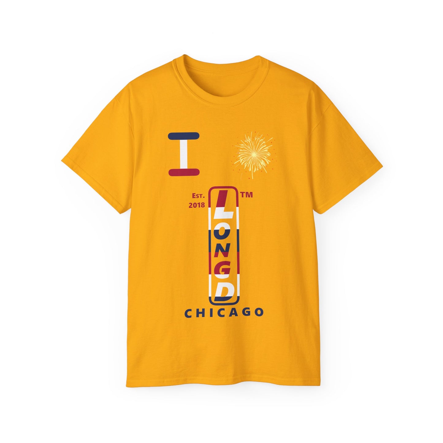 I Burst LongD cotton tee positive horizontal 6-striped Chicago upright logo (Patriotic colors)