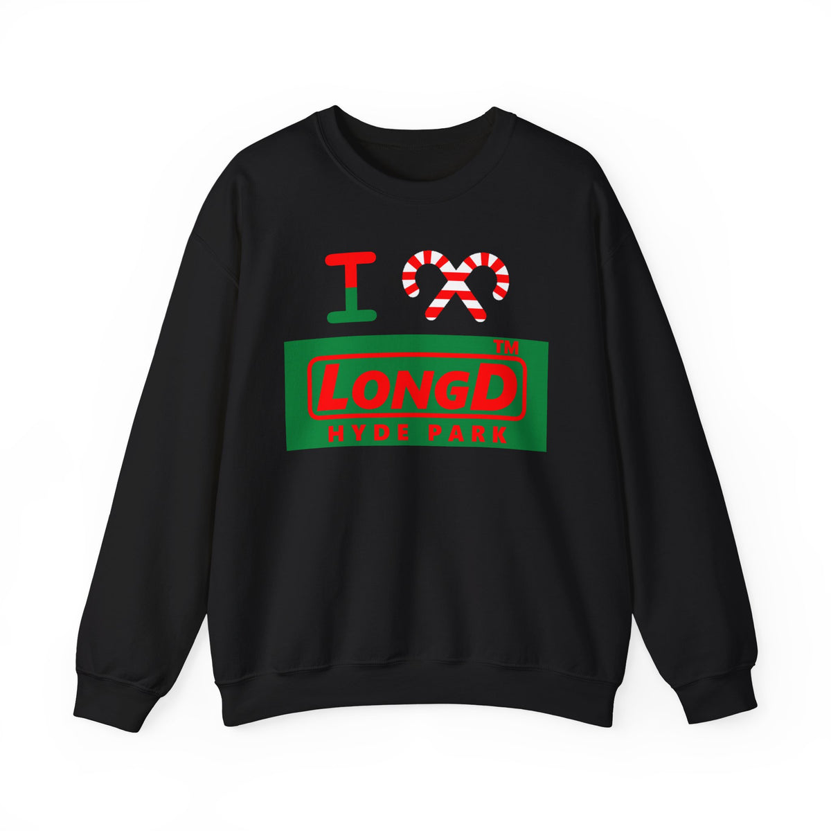 I candy cane LongD Hyde Park logo positive red on negative green crewneck sweatshirt