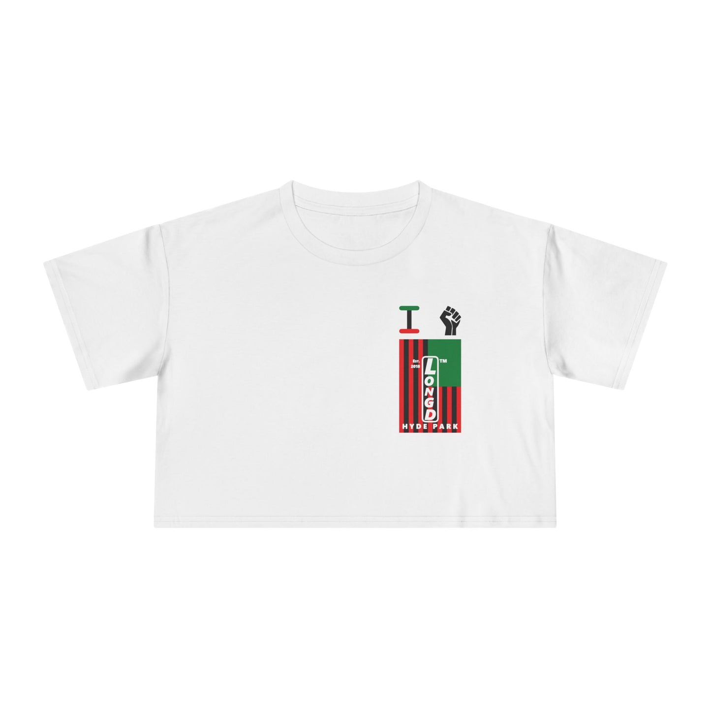 I fist LongD negative flag upright single-breasted Hyde Park logo crop tee (Juneteenth colors)