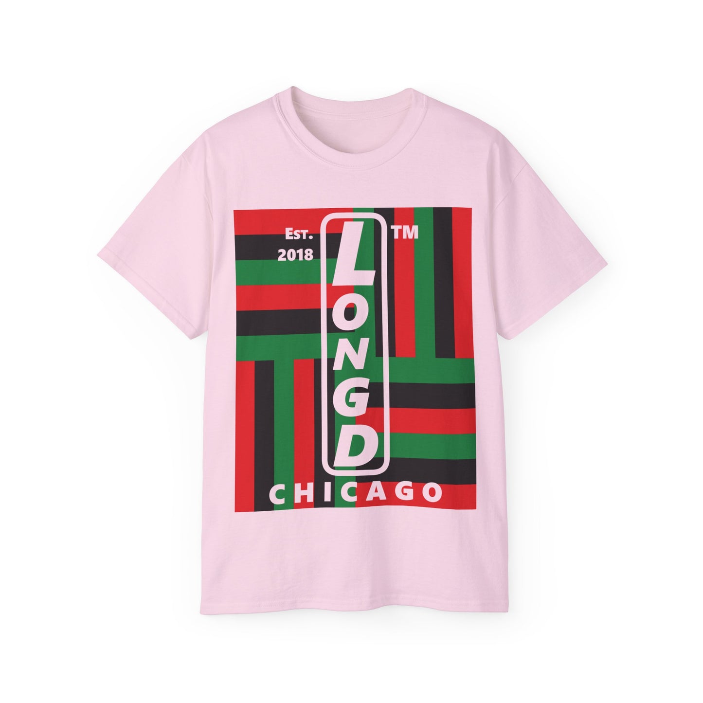 LongD Cotton Tee negative windmill Chicago upright logo (Juneteenth colors)