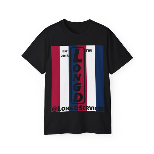 LongD cotton tee negative vertical 6-striped tag upright logo (Patriotic colors)