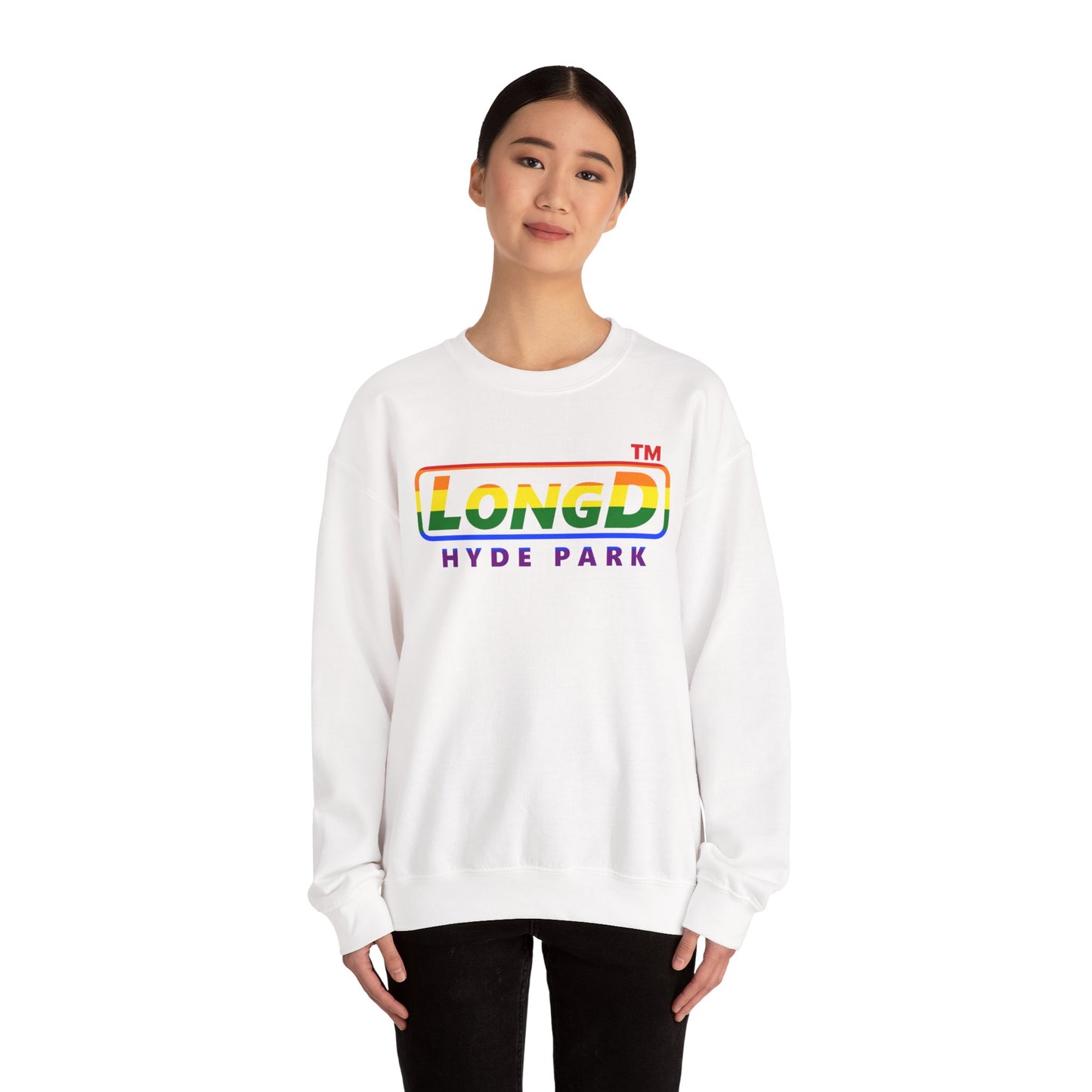 LongD positive horizontal striped Hyde Park logo crewneck sweatshirt (Pride colors)