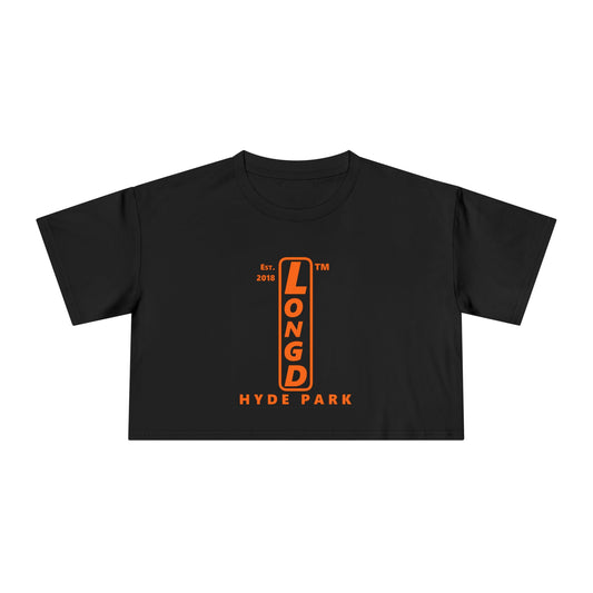 LongD Hyde Park upright logo positive orange on negative black crop tee