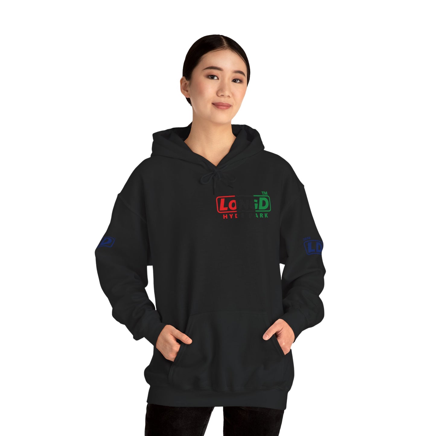 LongD® positive vertical 3-striped 4-print single-breasted Hyde Park logo Hoodie (Juneteenth colors)