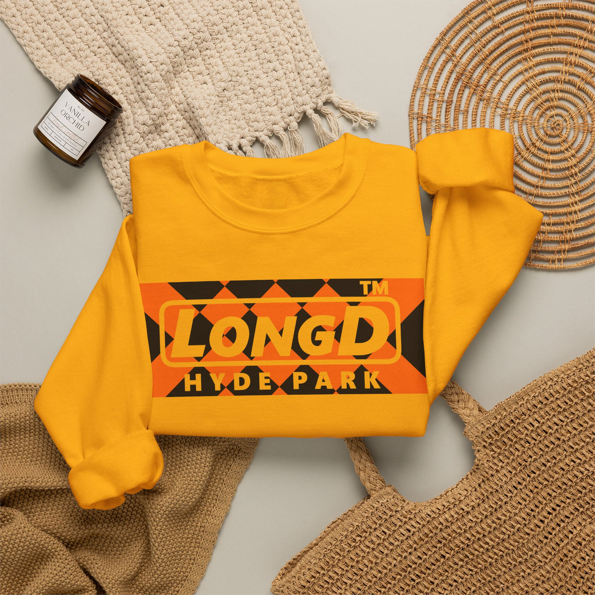 LongD Hyde Park negative stylized argyle logo (Halloween colors) crewneck sweatshirt