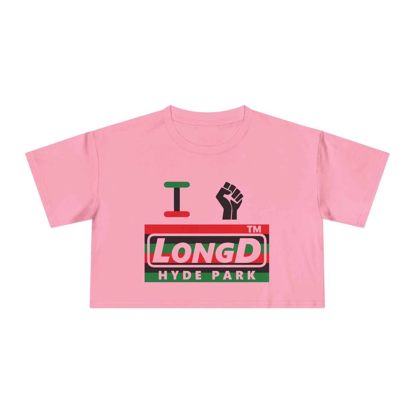 I fist LongD negative horizontal 6-striped front-back Hyde Park logo crop tee
